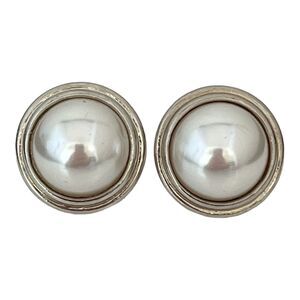 Vintage 1980s Napier Clip Earrings Silver Tone Faux Pearl - 1E